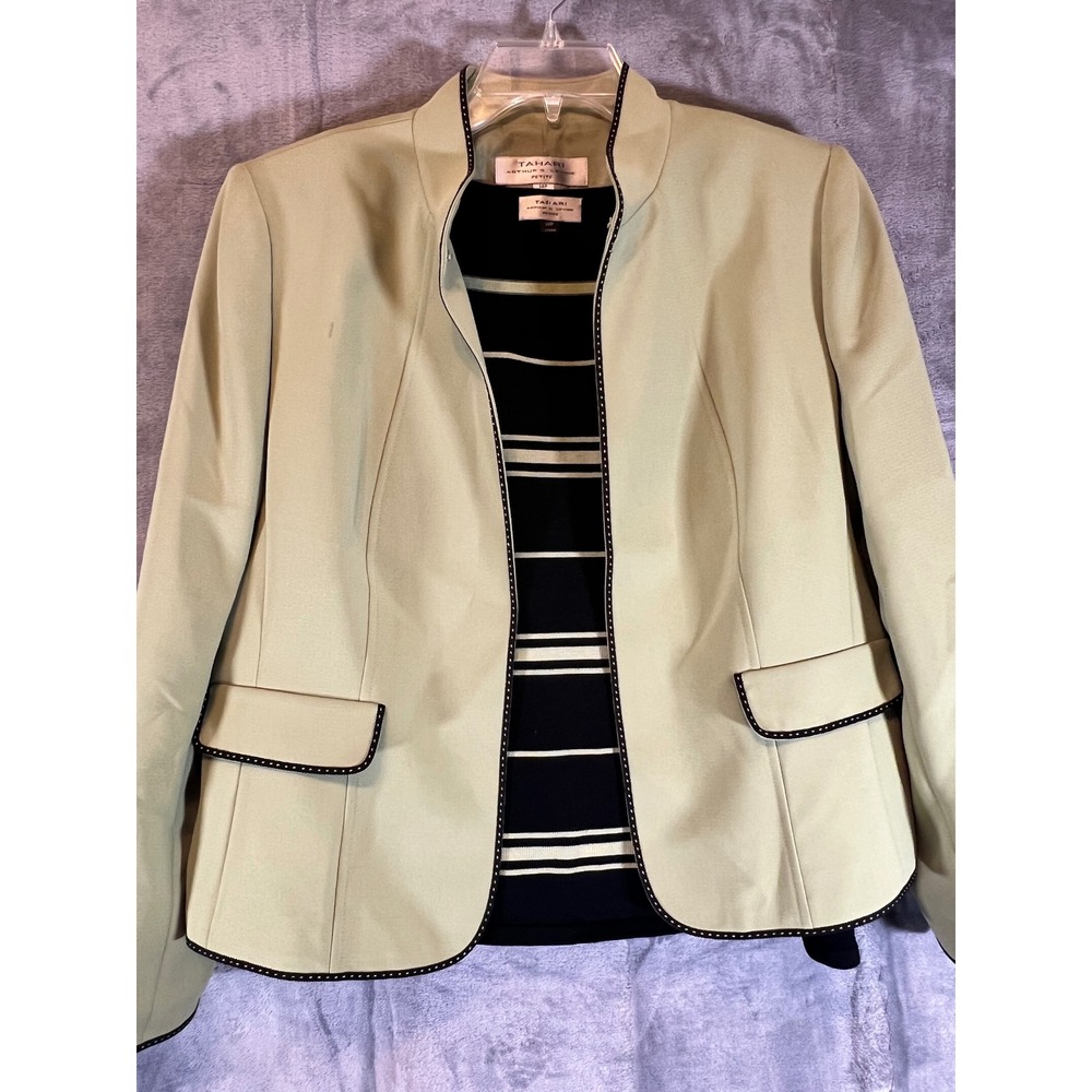 Tahari ASL 14P Petite Suit Set Green‎ Jacket Tank Trim Detail Lined Career 2 Pc